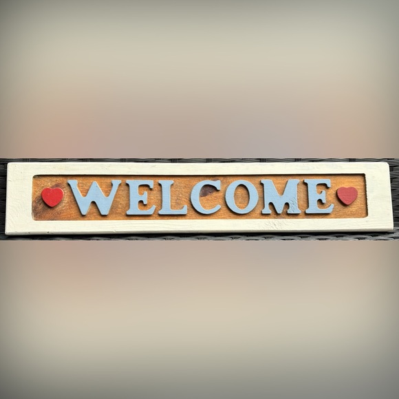 Vintage Wood Carved Welcome Sign with Hearts 22”x4” Handpainted - Picture 2 of 16